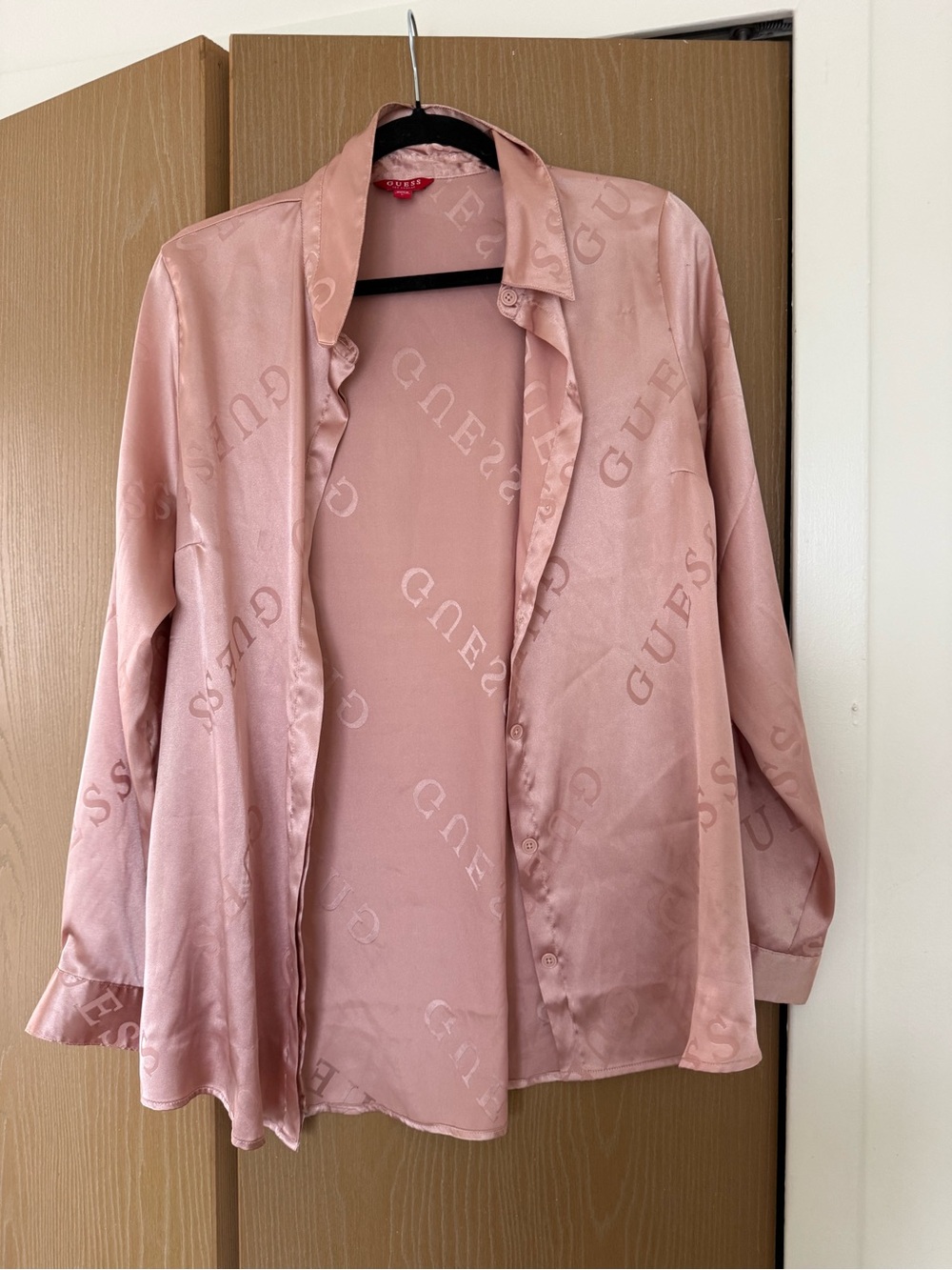 Guess Dusty Rose Satin Logo Button-Front Blouse